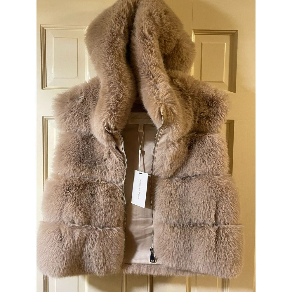 NWT Adrienne Landau Sz Large Tiered Faux Fur Hooded Vest